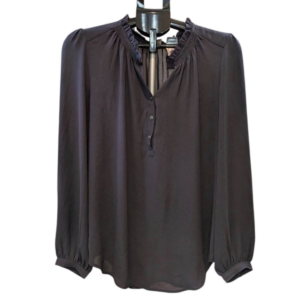 LOFT Steel Blue Blouse Ruffle Collar Shoulder Medium Flowy Business Classic